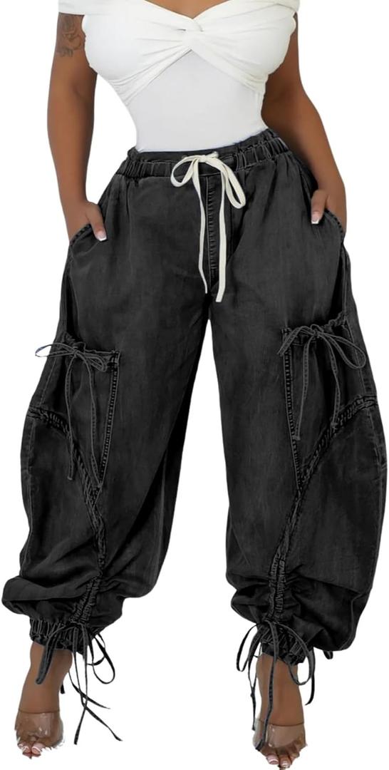 Unybwonn Women Baggy Barrel Jeans High Waisted Y2k Drawstring Bow Tie Cargo Jean Retro Wide Leg Ankle Denim Joggers (Black, M)