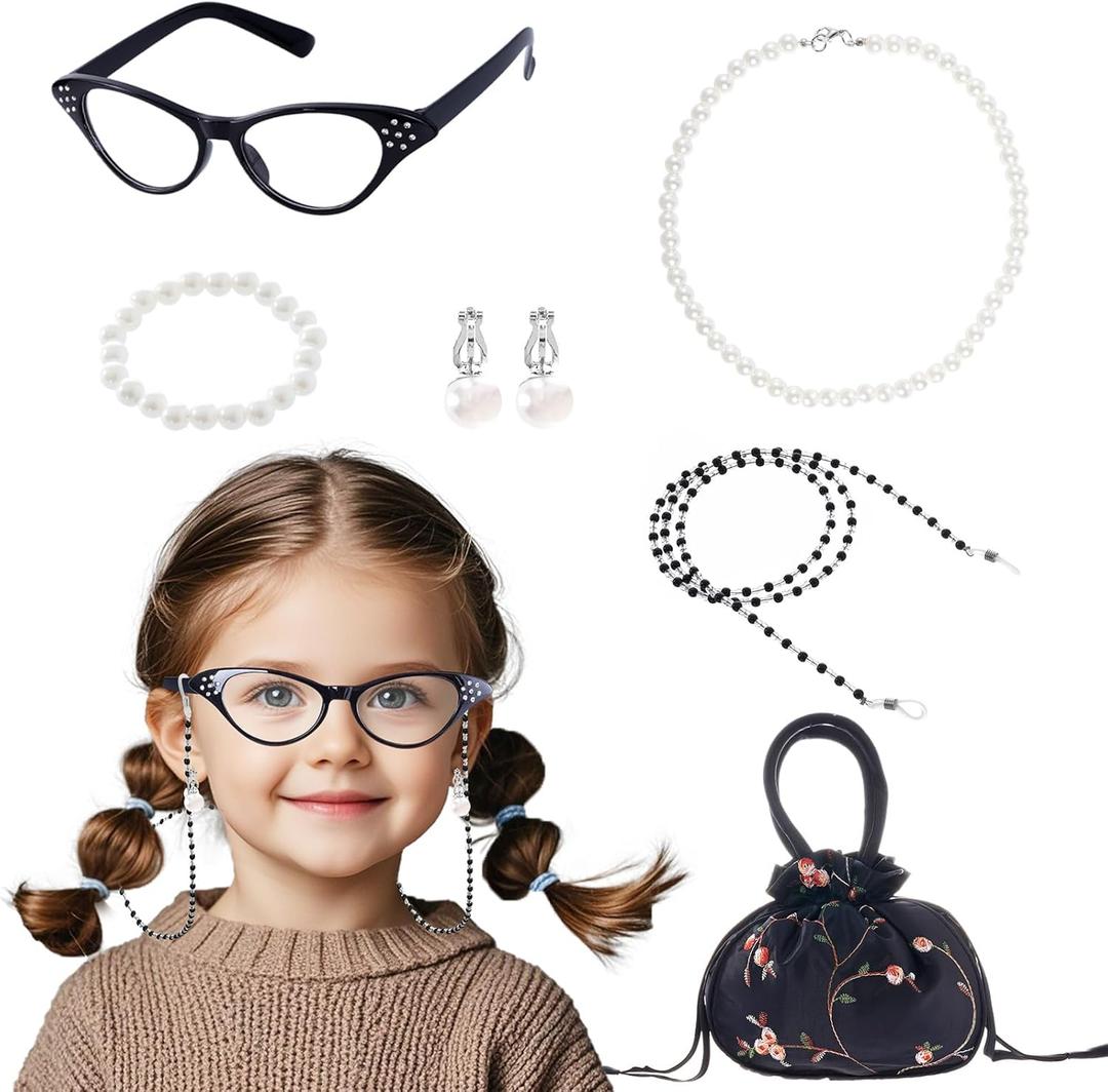6Pcs Old Lady Grandma Costume Kit - Granny Glasses, Eyeglasses Chain, Handbag, Necklace, Bracelet, Ear Clips