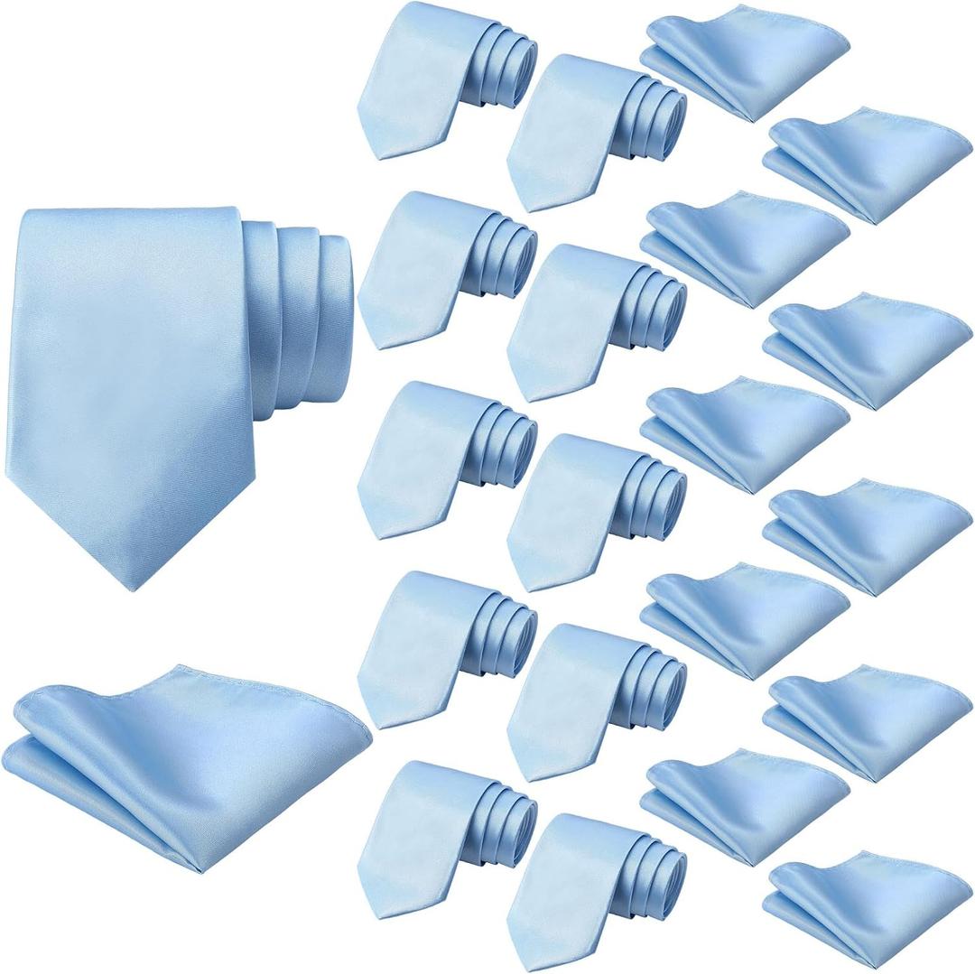 Sureio 20 Pcs Men Tie and Pocket Square Set Satin Formal Solid Ties for Men Pocket Square Handkerchief for Wedding (Blue)