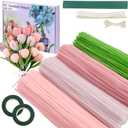 400 Pcs Pipe Cleaners Craft,4 Assorted Colors Pipe Cleaners Bulk, Chenille Stems for DIY Flower Making Kit with Floral Wires, Gardening Tape,Stamen& Ribbon (Pink)