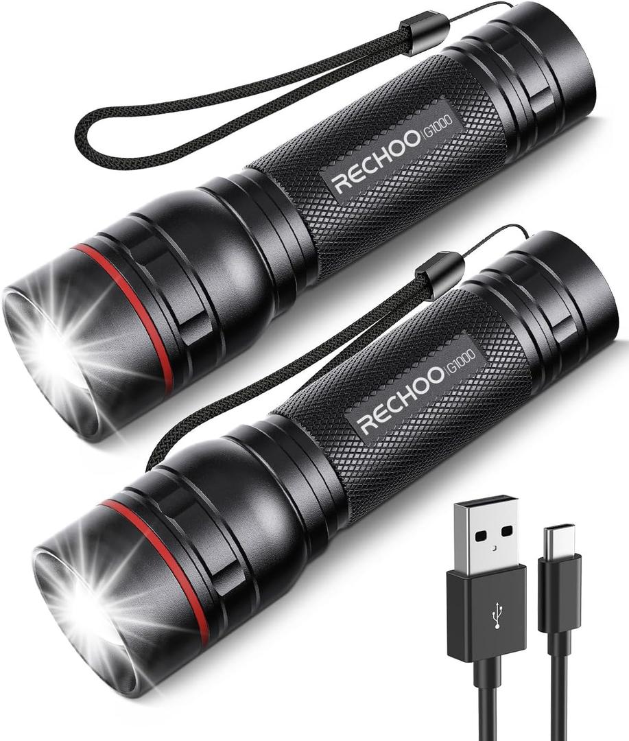 RECHOO Rechargeable Flashlights High Lumens, 2 Pack G1000 Super Bright Flash Light, Small Led Tactical Flashlight with 3 Lighting Modes, Portable Flashlights for Camping Home (Battery Included) (Black)