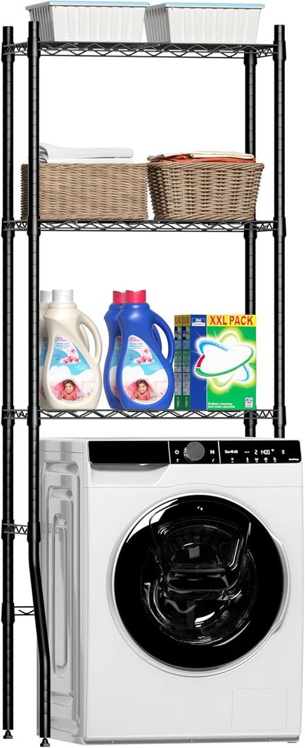 Laundry Room Storage Shelf & Organizer, 3 Tier Over Metal Washer and Dryer Shelves, Washing Machine Shelf, Adjustable Height & Feet, Bathroom Space Saver Shelf, 23.6" L x 13.8" W x 63.2" H, Black, 3 Tier, 24"L x 14"W x 63"H