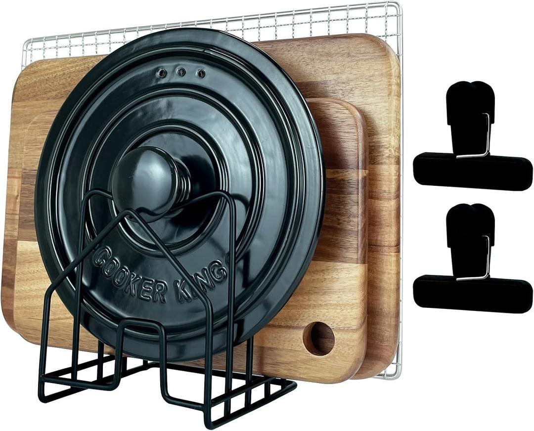 SUNFICON Cutting Board Holder W 2 Chip Bag Clips 304 Stainless Steel Chopping Board Rack Pot Lid Organizer Inside Cabinet Pot Cover Cookie Sheet Bakeware Serving Tray Cooling Rack Stand Kitchen Black
