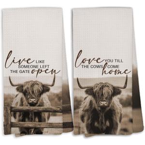 Farmhouse Highland Cow Kitchen Towels Set of 2, Western Farmhouse Highland Cow Kitchen Decor, Love You Till the Cows Come Home, Western Animal Hand Towels for Bathroom
