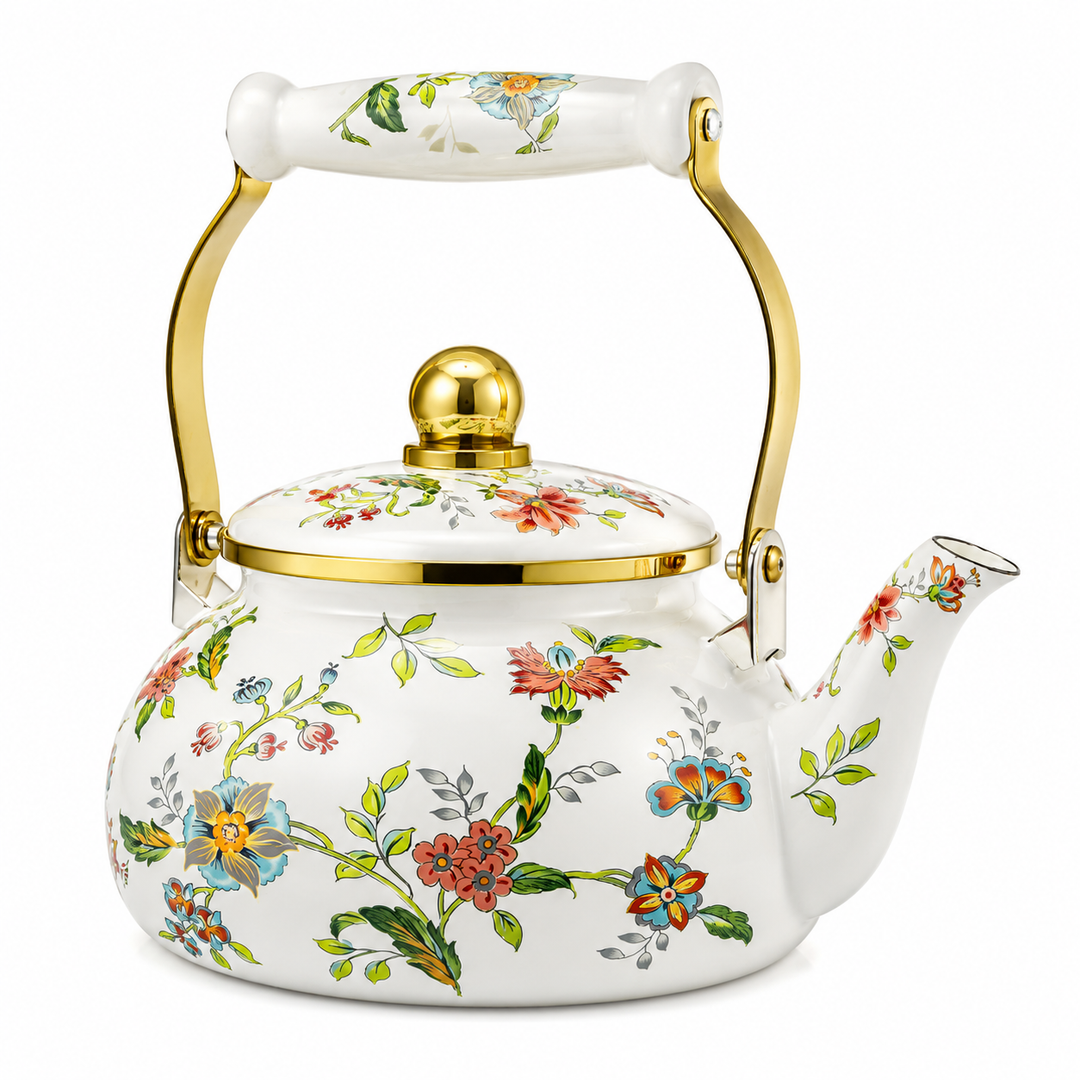Funnymoom 2.6 Quart Vintage Enamel Tea Kettle Vintage Porcelain Floral Teapot for Party, Gift for Wedding Housewarming