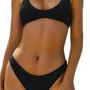 ZAFUL Women's Tie Back Padded High Cut Bralette Bikini Set Two Piece Swimsuit (Large, 1-Black)
