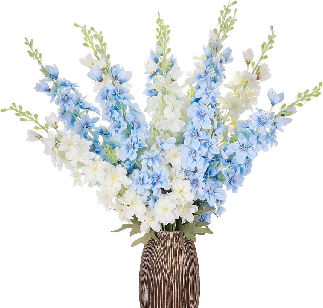 10 Pcs Delphinium Artificial Flowers for Decoration, 33.86 Inch Long Stem Larkspur Fake Flowers Light Blue Faux Silk Bouquets for Tall Vase Wedding Home Decor Floral Arrangements(White+Blue)