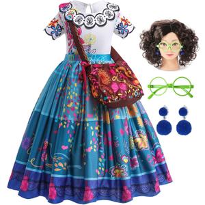 ATIMIGO Mirabel Isabella Dress Halloween Costume Cosplay Outfit for Kids Girls with Wig Glasses Bag Accessories (9-10Y/140)