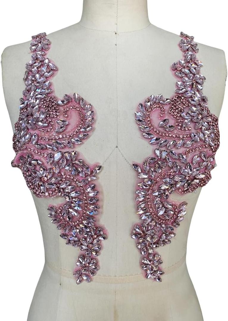 Handmade Rhinestone Applique Decorative Mesh Patch Corset Accessories are Suitable for Wedding Dresses 1 Pair/Set 4.7X15.7inches (Pink)