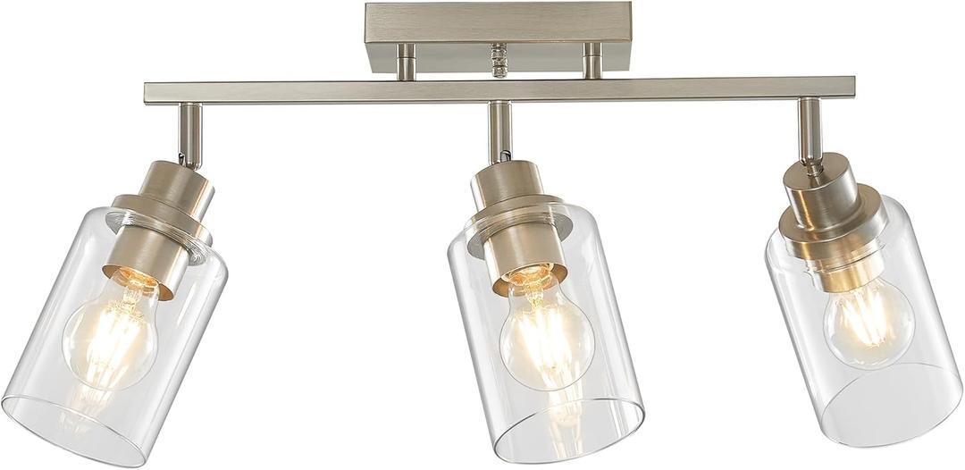 LOUSACE 3-Light Brushed Nickel Track Lighting Kit with Clear Glass, Modern Track Light Fixtures Flush Ceiling Mounted, Tracking Vanity Lighting Rotatable Spotlight for Kitchen Bathroom Accent Shop