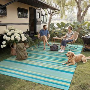 Outdoor Plastic Straw Rug Waterproof Patio 8x10 Teal Yellow Stripe Mat for Porch Camping RV Balcony Deck Courtyard Reversible Lightweight Durable Portable Carpet