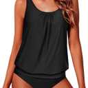 Yonique Two Piece Tankini Swimsuits for Women Blouson Bathing Suits Modest Swimwear Black, L