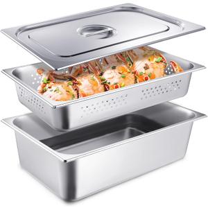 Ferraycle 3 Pack Full Size 4 Inch, 6 Inch Hotel Pan with Lid Perforated Steam Table Pan Restaurant Supplies for Kitchen, Steam Table Tray for Food Warmer