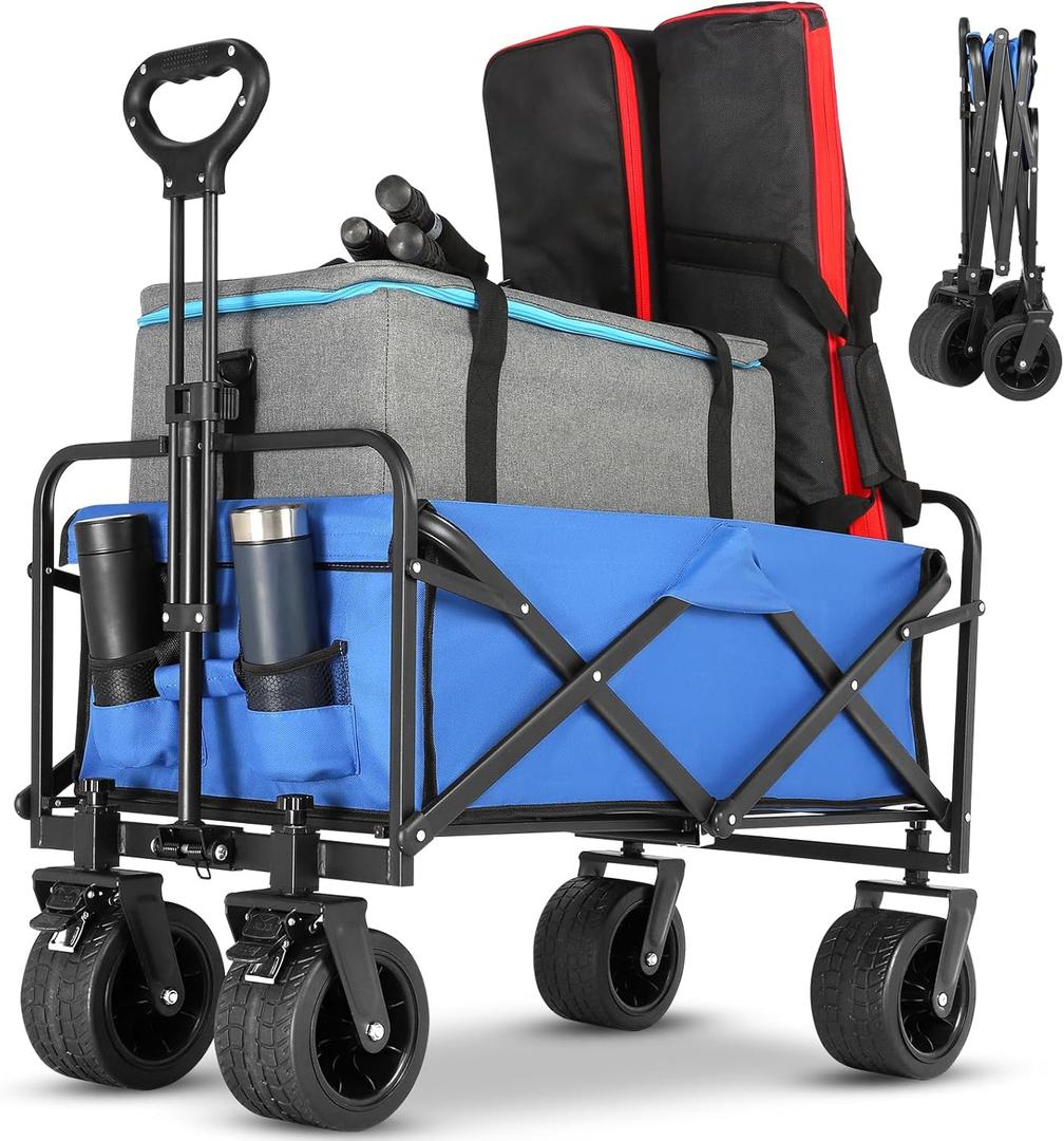 Collapsible Foldable Beach Wagon,Folding Wagon Cart with Big Wheels,Utility Grocery All Terrain Wagons carts Foldable with Brakes for Sand Camping Sports Outdoor(Lake Blue).