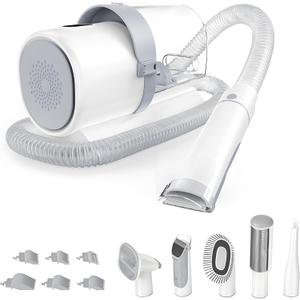NEWBULIG 5-in-1 Pet Grooming Vacuum Kit, 2.5L Dust Cup, 3 Suction Modes and 5 Groomer Tools, Dog Clippers with Cordless Low Noise for Cats, Dogs Other Animals Hair Trimmer (Modren White)