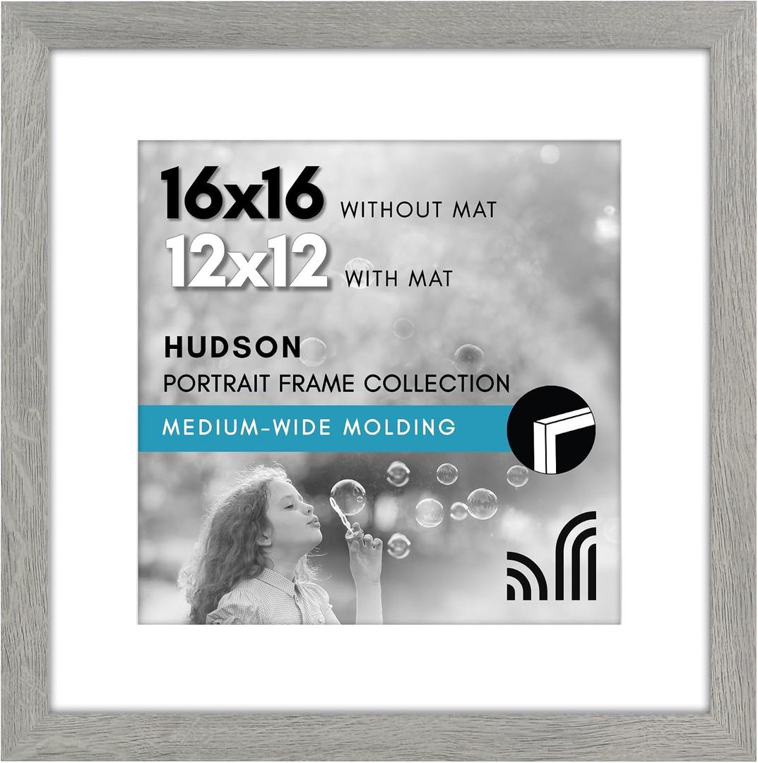 Americanflat 16x16 Picture Frame - Matted to 12x12 - Grey Wood