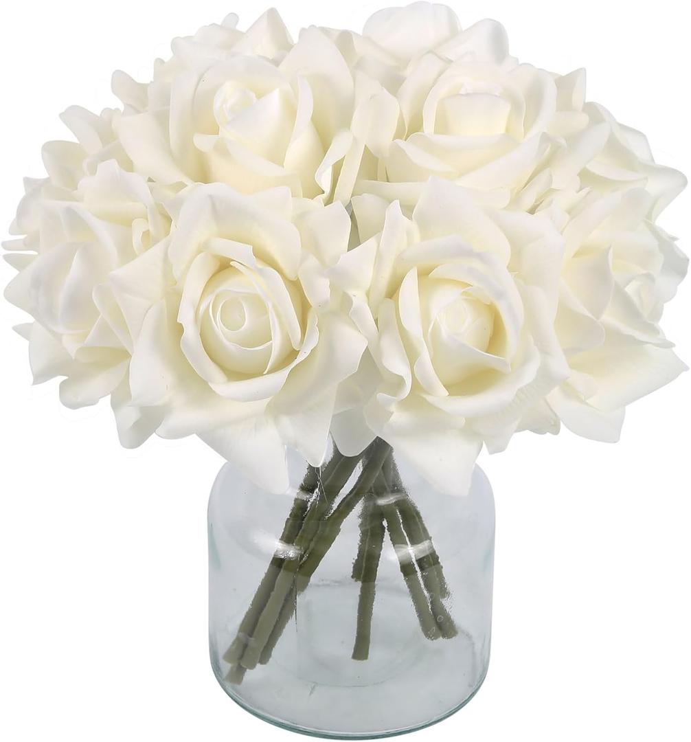 IPOPU White Roses Artificial Flowers,2 Bouquets 10PCS Real Touch Faux Roses with Stems for Wedding Party Home Table Centerpieces Decoration(White)