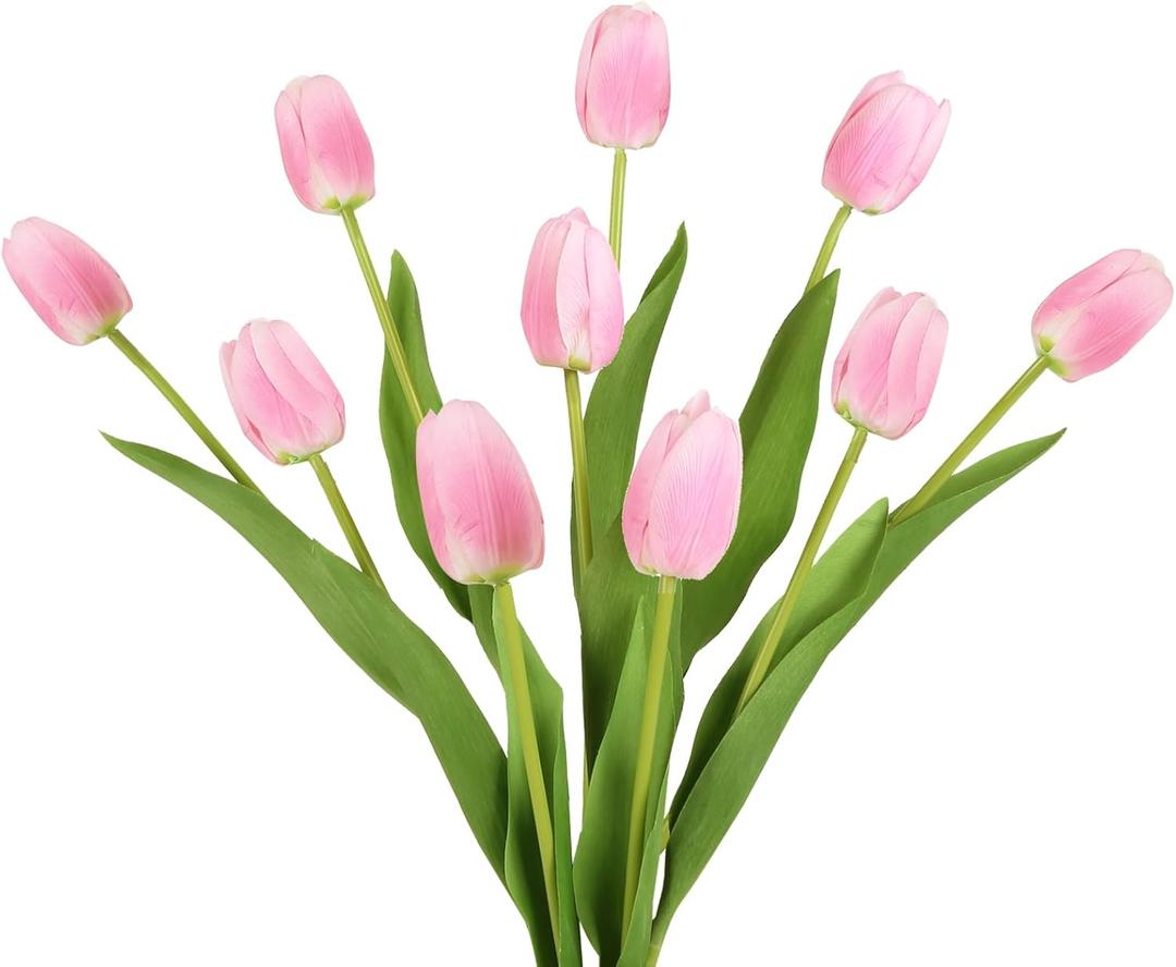 IPOPU 10PCS Real Touch Fake Tulips 18.9" Real Looking Rose Pink Tulips Artificial Flowers Realistic Faux Flowers for Wedding Party Spring Easter Home Decoration (Rose Pink)