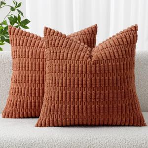 MIULEE Pack of 2 Dark Rust Corduroy Decorative Pillow Covers 18x18 Inch Soft Boho Striped Throw Pillow Covers Modern Farmhouse Home Decor for Summer Sofa Living Room Couch Bed
