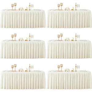 6 Packs Ivory Polyester Tablecloths Rectangle Tables 8ft, Stretch Fitted Table Covers for 8 Foot Tables Wrinkle Free Rectangle Table Cloth with Skirt for Birthday Party Events Banquet Baby Shower