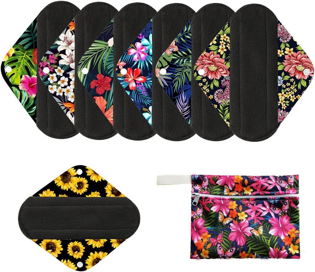 7pcs/Set Reusable Menstrual Pads Including 1pc Mini Wet Bag +6pcs Bamboo Charcoal Cloth Menstrual Incontinence Pads/Reusable Sanitary/Mama Panty Liners (All Randomly Prints)