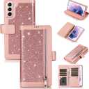 EYZUTAK Wallet Case for Samsung Galaxy S21 FE, Magnetic Handbag Zipper Pocket PU Leather Flip with 9 Card Slots and Wrist Strap Folio TPU Inner Stand Case - Rose Gold