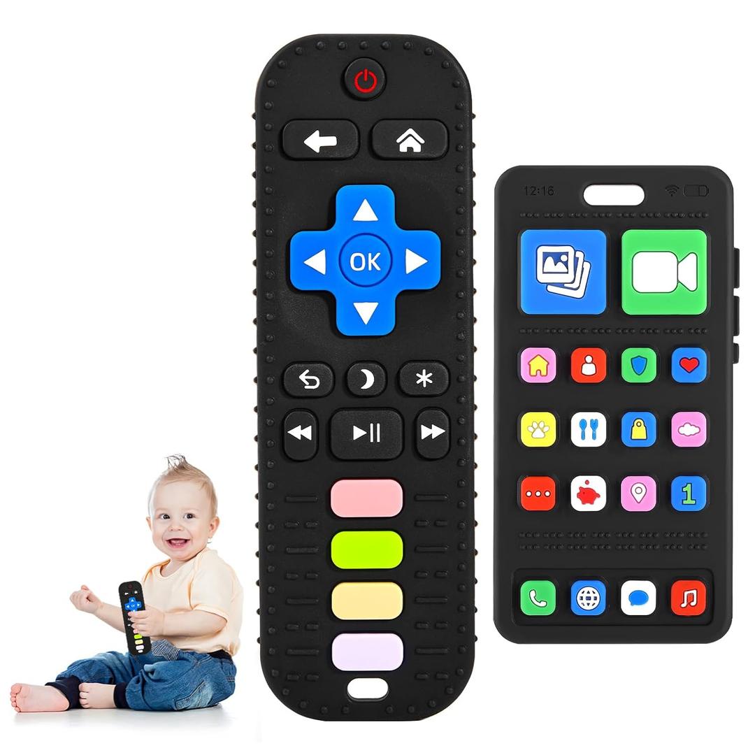 Teething Toy for Baby 3 6 12 18 Months, Realistic Remote Control and Mobile Phone Baby Teether Toy, Baby's Chew Toys, Food Grade Silicone Teething Toys for Infants, BPA Free, for Babies Gum Relief