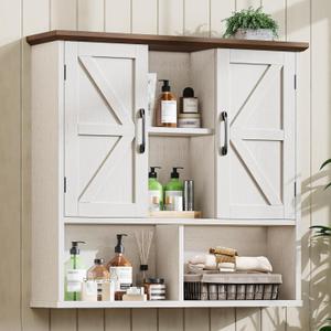 Vabches Bathroom Wall Cabinet, Farmhouse Medicine Cabinet with Double Barn Door and Adjustable Shelves, Wooden Vintage Storage Cabinet Wall Mounted for Bathroom, Kitchen Dining, Rustic White, 31.5"W x 27.95"H x 7.87"D