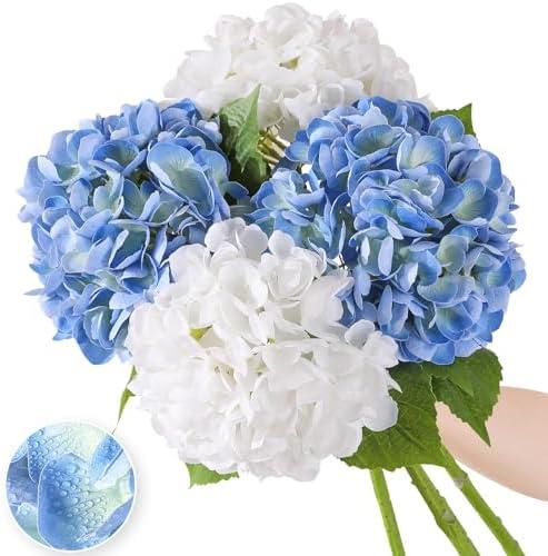 Nubry 22.44In Hydrangea Artificial Flowers, 3Pcs Latex Faux Real Touch Large Hydrangea Flowers with Long Stems & Leaves for Home Office Decor Wedding Party Arrangements(White&Blue)