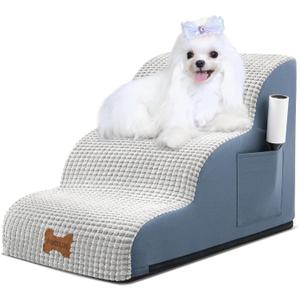 Dog Stairs for Small Dogs, Curved Pet Step with Leakproof Cover, High Density Foam Cat Ramp for Bed or Sofa, 3 Steps Grey (15.7x22.8x15.7in)