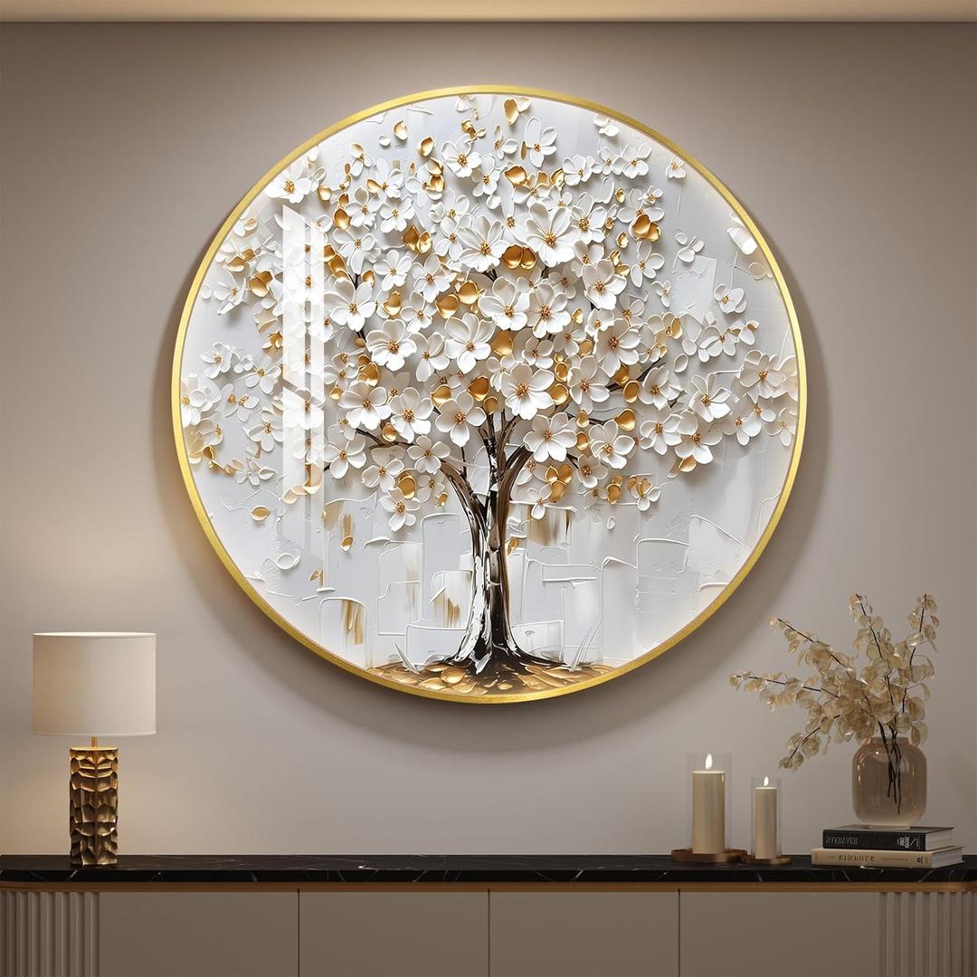 Large Framed LED Tree of Life Wall Art for Living Room, Modern Luxury Gold and White Floral Picture Artwork for Walls, Minimalist Lighted Wall Decor for Hallway, Dining Room, Bedroom, Office