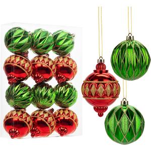 12 PCS Large Christmas Ball Ornaments Set for Tree Shatterproof, Red and Green Christmas Tree Decorations Balls, Assorted Plastic Ornaments for Wedding Party Garland, Decorative Balls