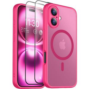 SPIDERCASE Designed for iPhone 16 Case, Magnetic Translucent [2 Tempered Glass Screen Protector] Anti-Fingerprint Anti-Scratch for iPhone 16 6.1, Rose Red
