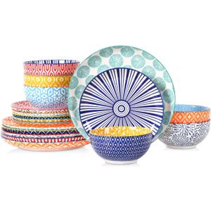 Selamica Ceramic Plates and Bowls Sets,18 Pieces Dinnerware Sets for 6,Dishwasher & Microwave Safe dish set,Family & Holiday Dining, Assorted Colors