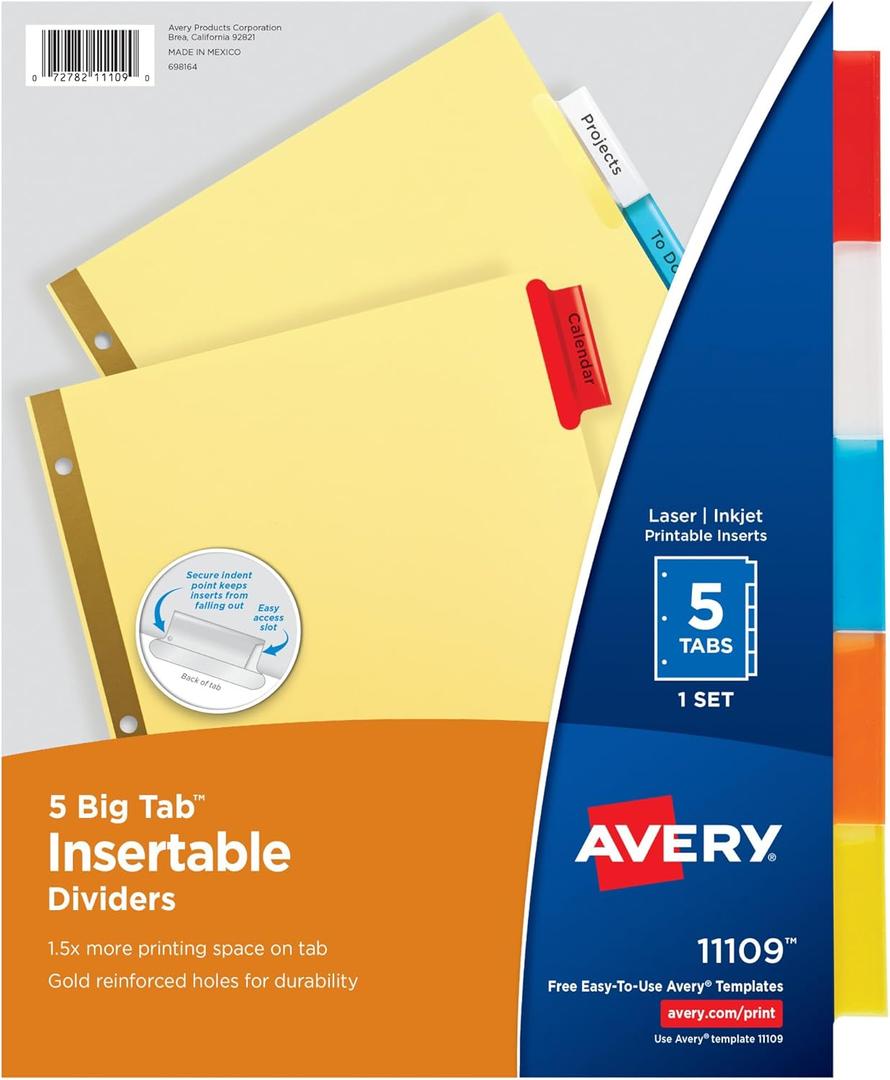 6 x Avery Binder Dividers - 5-Tab Insertable Multicolor Big Tabs for Binders, 1 Set of Dividers (11109)