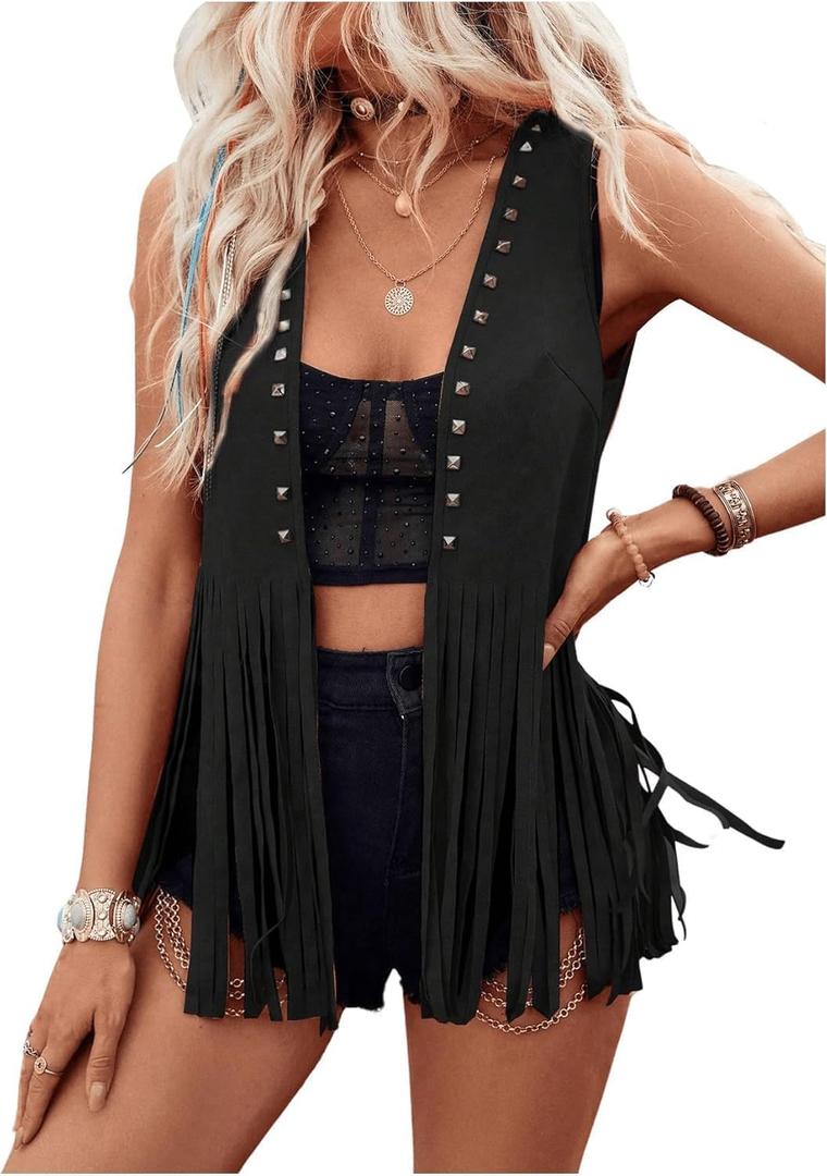 Women Plus Size Western Fringe Vest 60s 70s Hippie Faux Suede Cowboy Cowgirl Vest Sleeveless Open Front Jacket (Large, Black)
