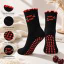 Women Cute Pilates Socks Grip Crew Yoga Socks Ruffle Cuff Embroidery Pattern Workout Ballet Socks (Black)