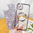 Fiyart Designed for iPhone 14 Case,Compatible with MagSafe Cheetah Print Plating Camera Protection Magnetic Clear Glitter Leopard Print Shockproof Phone Bumper for Women Girls 6.1"-Purple