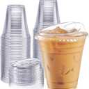 GUSTO Clear Plastic Cups with Lids [12 oz - 100 Count] - Disposable Iced Coffee Drink Cups with Strawless Sip Lids for Smoothies, Juices, and More - (Formerly Comfy Package)