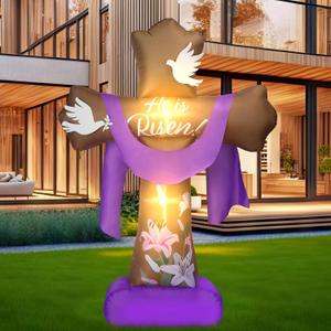 6 ft Easter Inflatable Outdoor Yard Decoration Blow up Inflatable He is Risen Cross Set with Built-in LED Lights Decor for Easter Spring Party Lawn Supplies