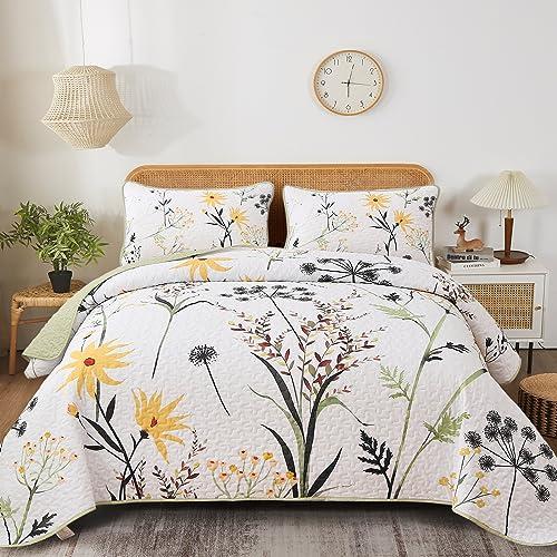 Dobuyly Sage Green Floral Quilt Set Queen Size, Yellow White Botanical Flower Quilt 3 Pieces Spring Bedspread Coverlet Set, Soft Lightweight Microfiber Bedding Set for All Season, 96"x90"