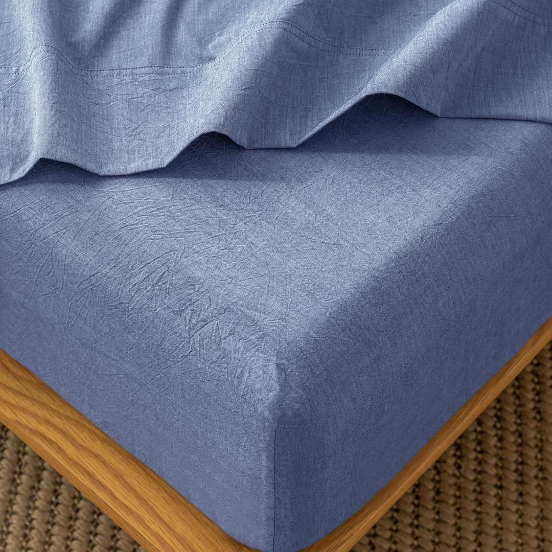 MooMee Fitted Bottom Sheet Only 100% Washed Cotton Linen Like Textured Breathable Durable Soft Comfy Deep Pocket Fits Mattress up to 17" (Blue, King)