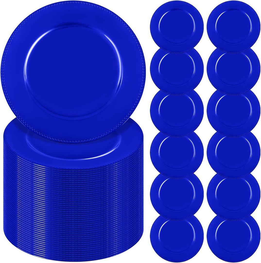 YMHPRIDE 60 Pack Royal Blue Plastic Reusable Dinner Charger Plates, 13'' Round Beaded Chargers Plates Vintage Table Decoration for Elegant Dining - Ideal for Weddings and Formal Events