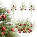 Suncalla 4 Pcs Christmas Elf Glitter Ball Tree Picks 15.75 Inches Lime Green Christmas Tree Toppers Sparkling Pampas Grass with Red Glitter Balls Artificial Green Stems for Vase Filler Home Decor