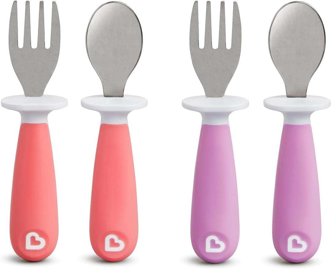 Munchkin Raise Toddler Fork and Spoon Utensil Set, Rest Keeps Tip Off Table, BPA Free, 4 Pack, Pink/Purple