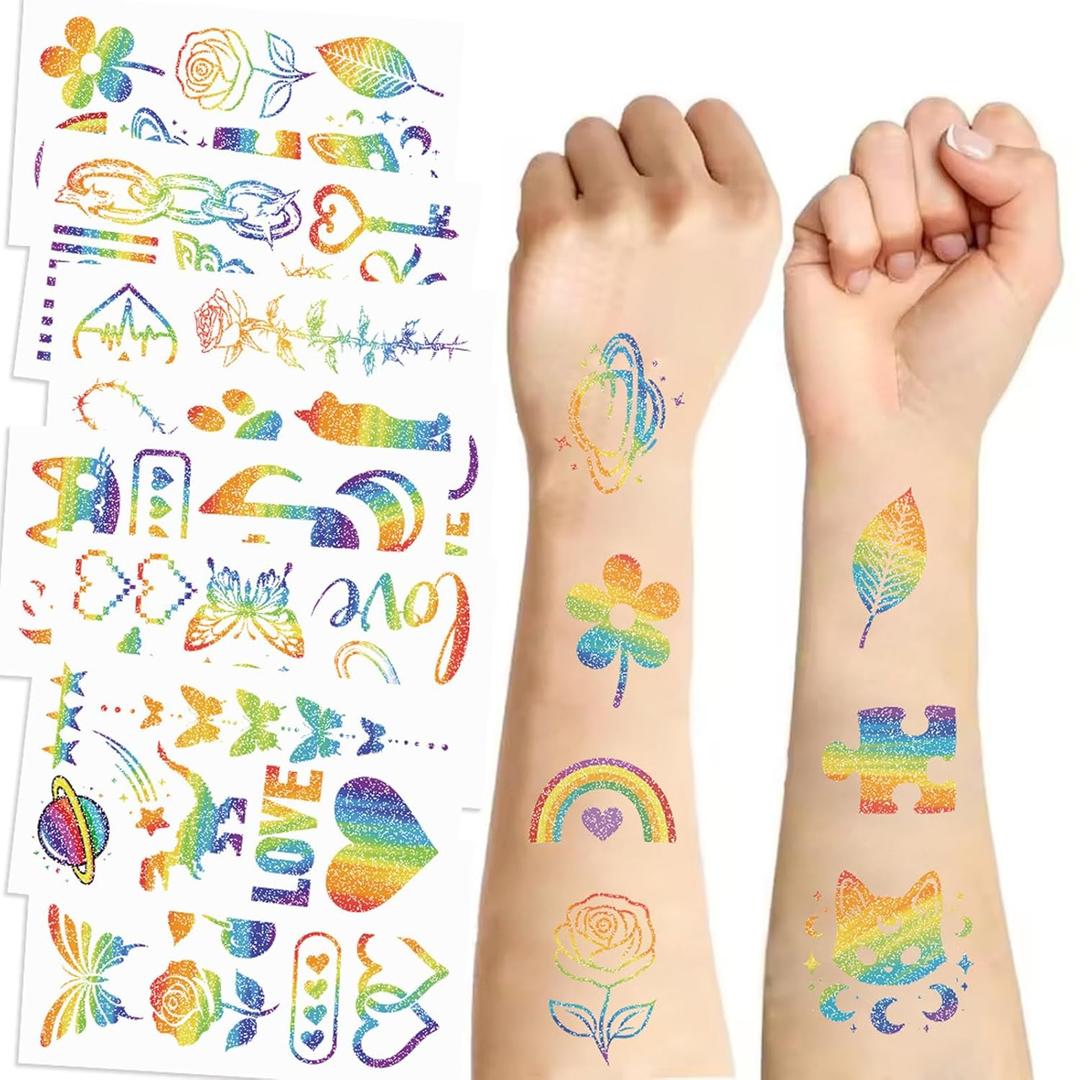 10 Sheets Rainbow Temporary Tattoos Birthday Themed Party Supplies Decoration Favors Cartoon Cute Sticker for Kids Boys Home Activity Class Prizes Carnival Christmas Rewards (black)