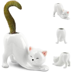 Ceramic Cat Planter Pot for Succulents and Cactus, Small Indoor Kitty Flower Pot with Drainage Hole, 5.71 x 2.95 x 3.86 in, Cute Desk Shelf Home Office Decor, White