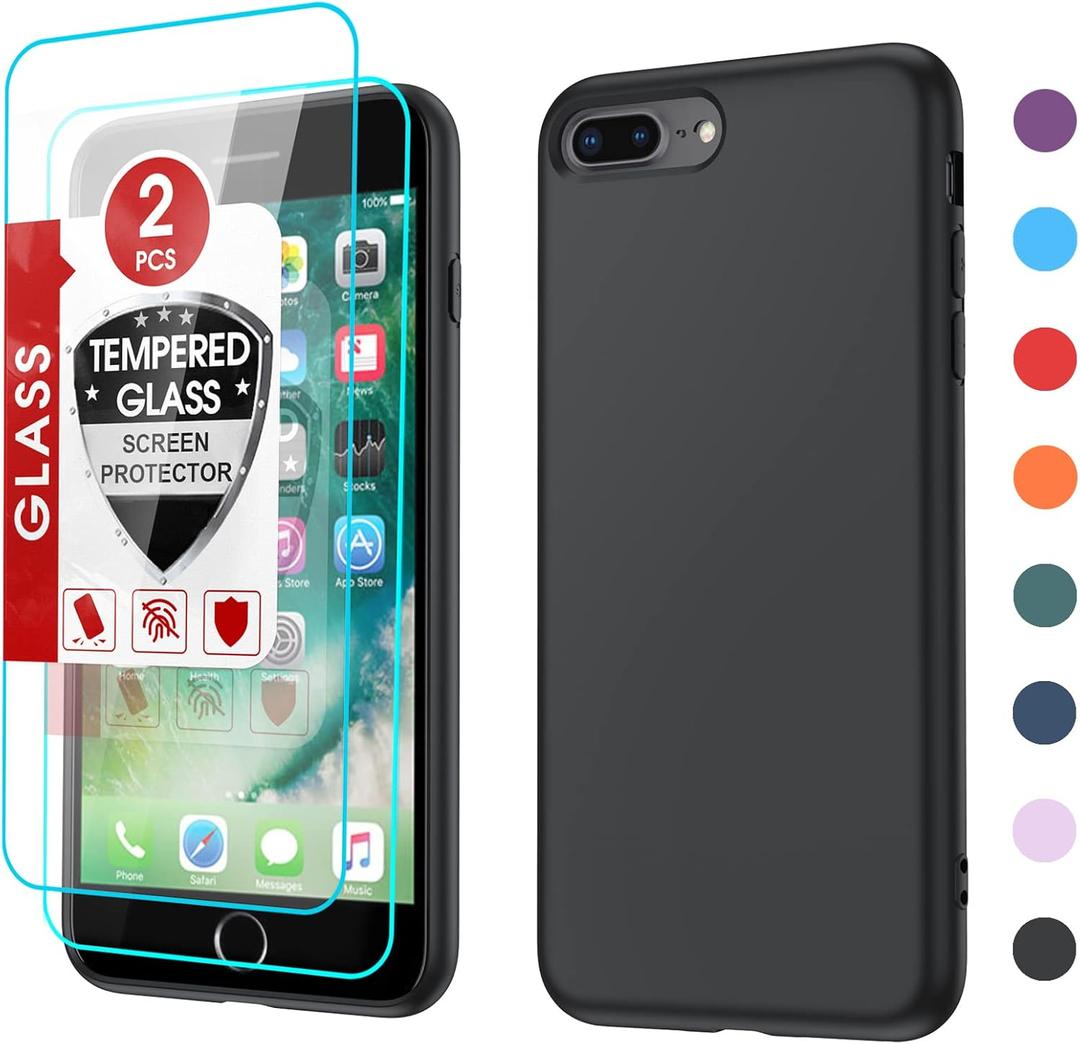 LeYi for iPhone 8 Plus Case: iPhone 7 Plus Case with 2 Pack Tempered Glass Screen Protectors, Shockproof Full-Body Liquid Silicone with Soft Anti-Scratch Microfiber Liner Black