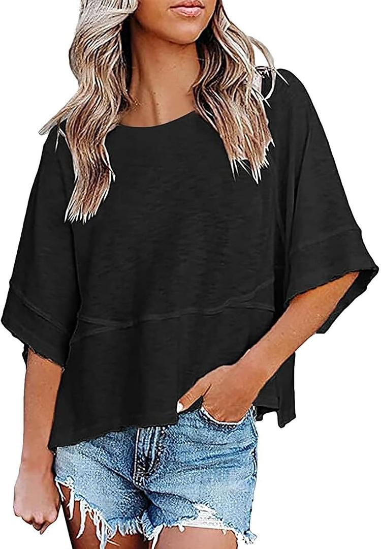 Aisongyuan Womens Fashion T-Shirt Crewneck 3/4 Sleeves Solid Color Loose Basic Tops Summer Casual Tees Blouses(Black,L)