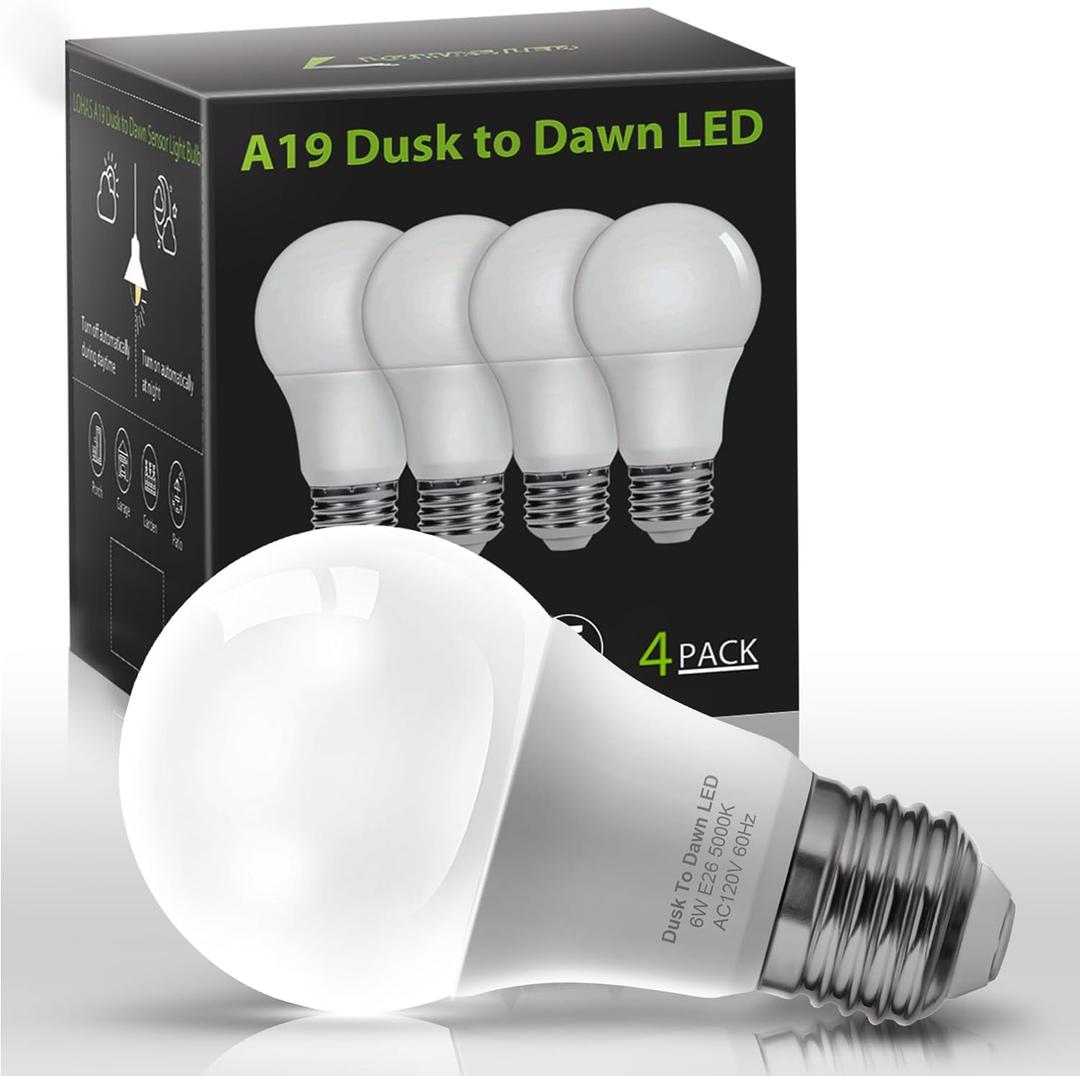 LED Dusk to Dawn LED Light Bulbs, 40W Equivalent LED Outdoor Lighting, Daylight 5000K, Automatic On/Off Outdoor Light, A19 6W Bright Porch Light Bulbs, 500LM E26 for Garage Patio, 4 Pack